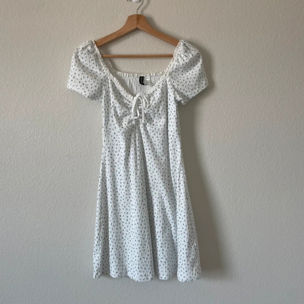 H&M White Mini Dress with Tiny Black Floral Print